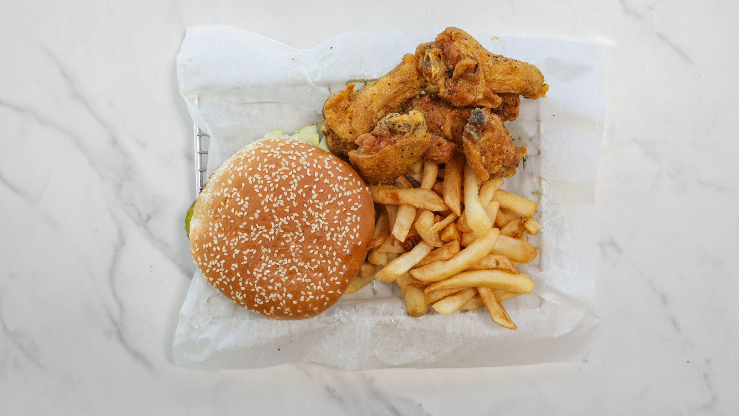 Cheeseburger and five-piece wing combo with fries